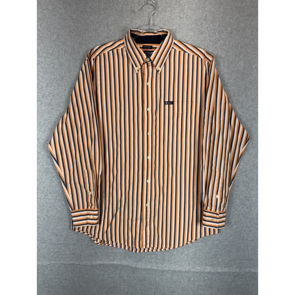 Chaps Shirt Mens Medium Orange Navy Striped‎ Button Down Long Sleeve Easy Care